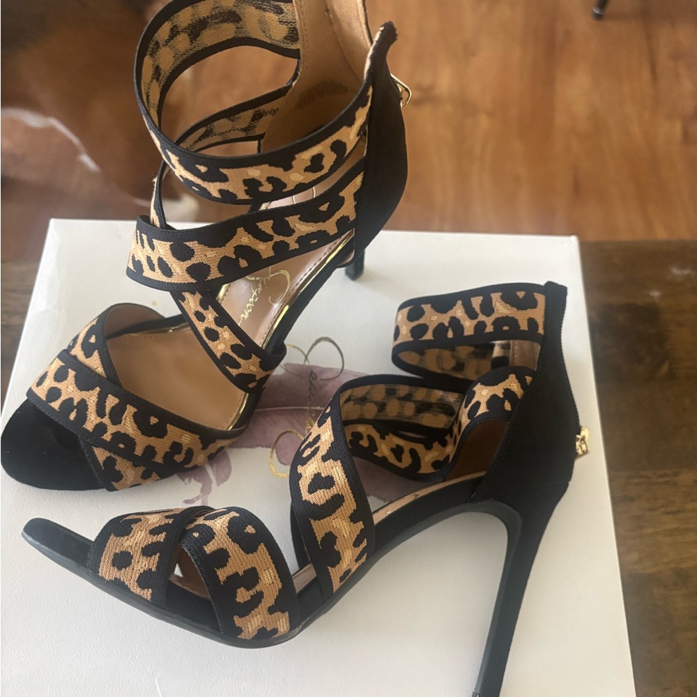 Jessica Simpson Leopard Print Strappy High Heels - Black/Tan